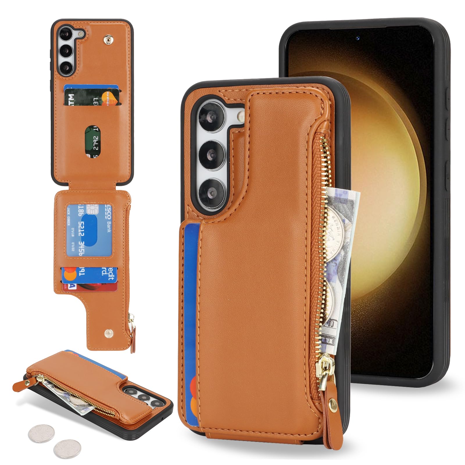 Cavor for Samsung Galaxy S23 Plus Case Wallet with Card Holder, Brown