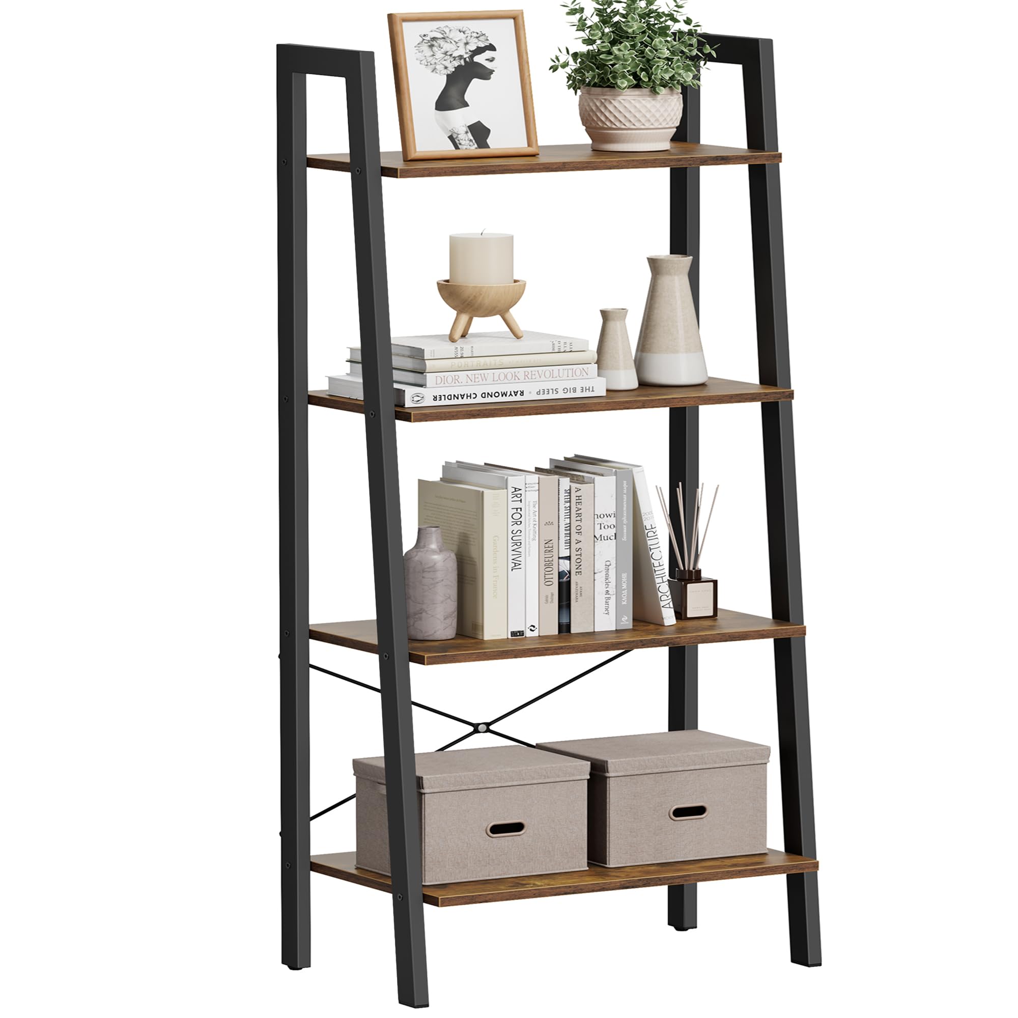 VASAGLE Ladder Shelf, 4-Tier Bookshelf, Storage Rack, Bookcase with Steel Frame,