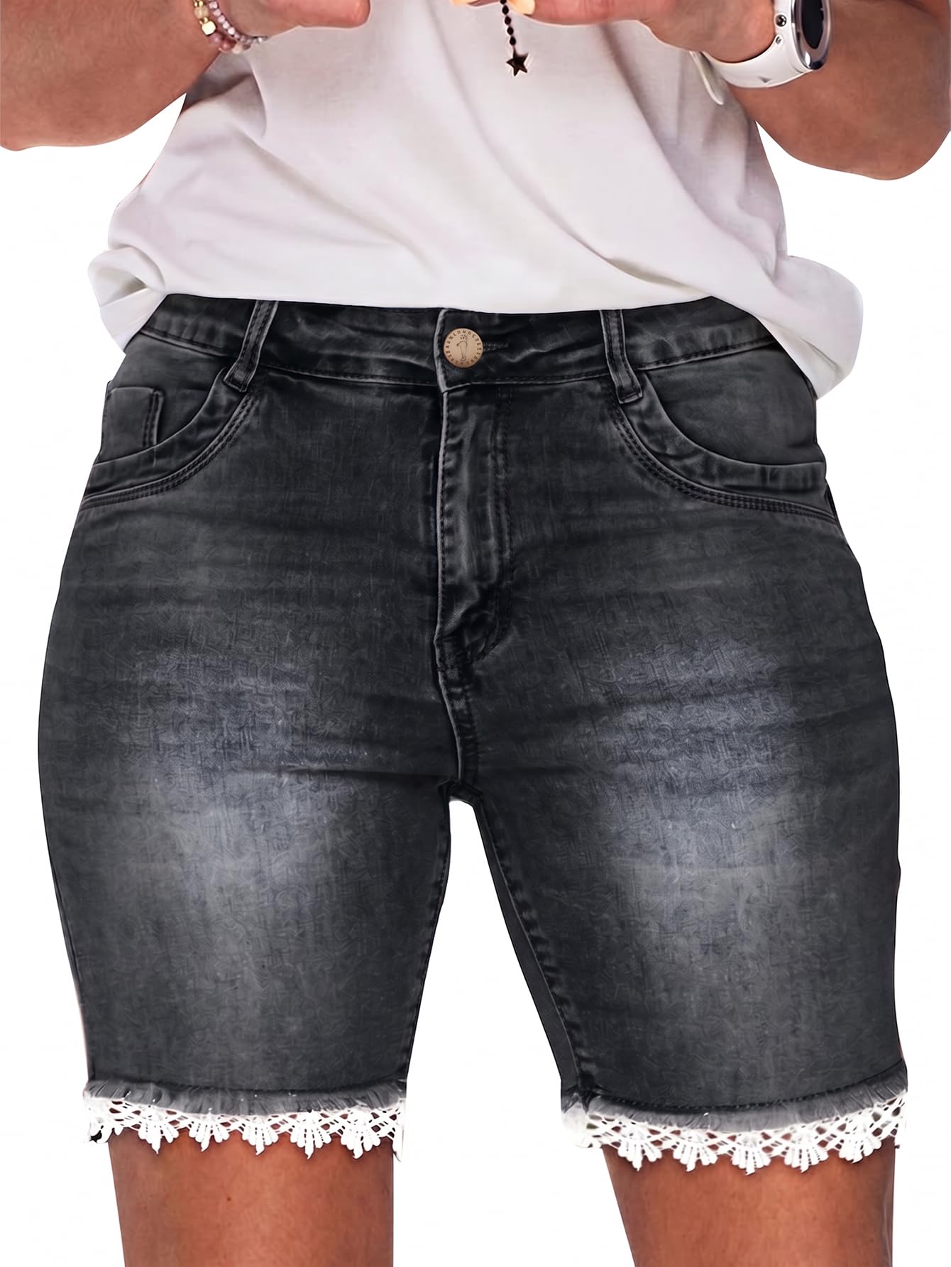 Flamingals Bermuda Jean Shorts for Women Lace Trim Shorts