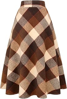 IDEALSANXUN Womens Plaid Wool Skirts Elastic Waist A-Line Pleated Tartan Long Skirts