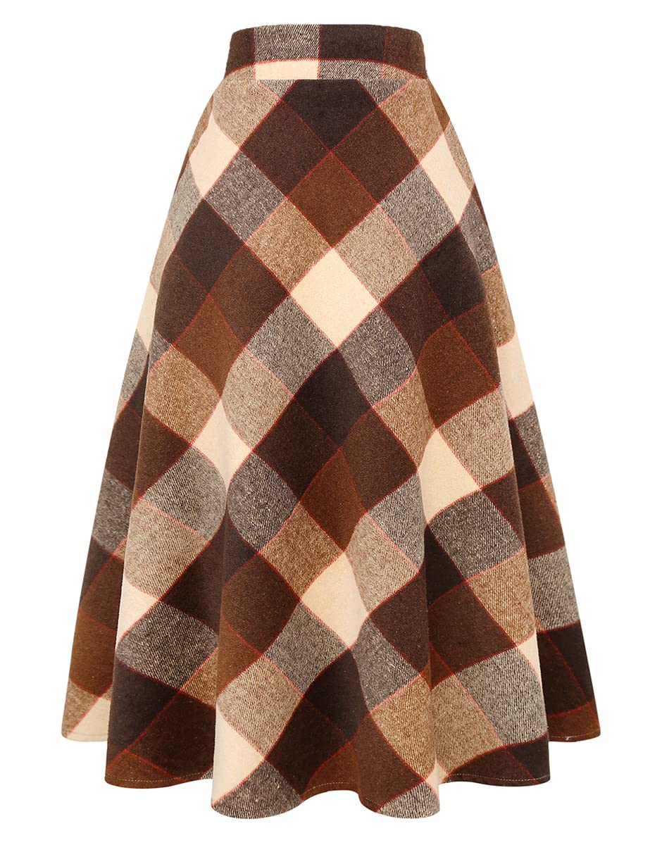 IDEALSANXUN Womens Plaid Wool Skirts Elastic Waist A-Line Pleated Tartan Long Sk