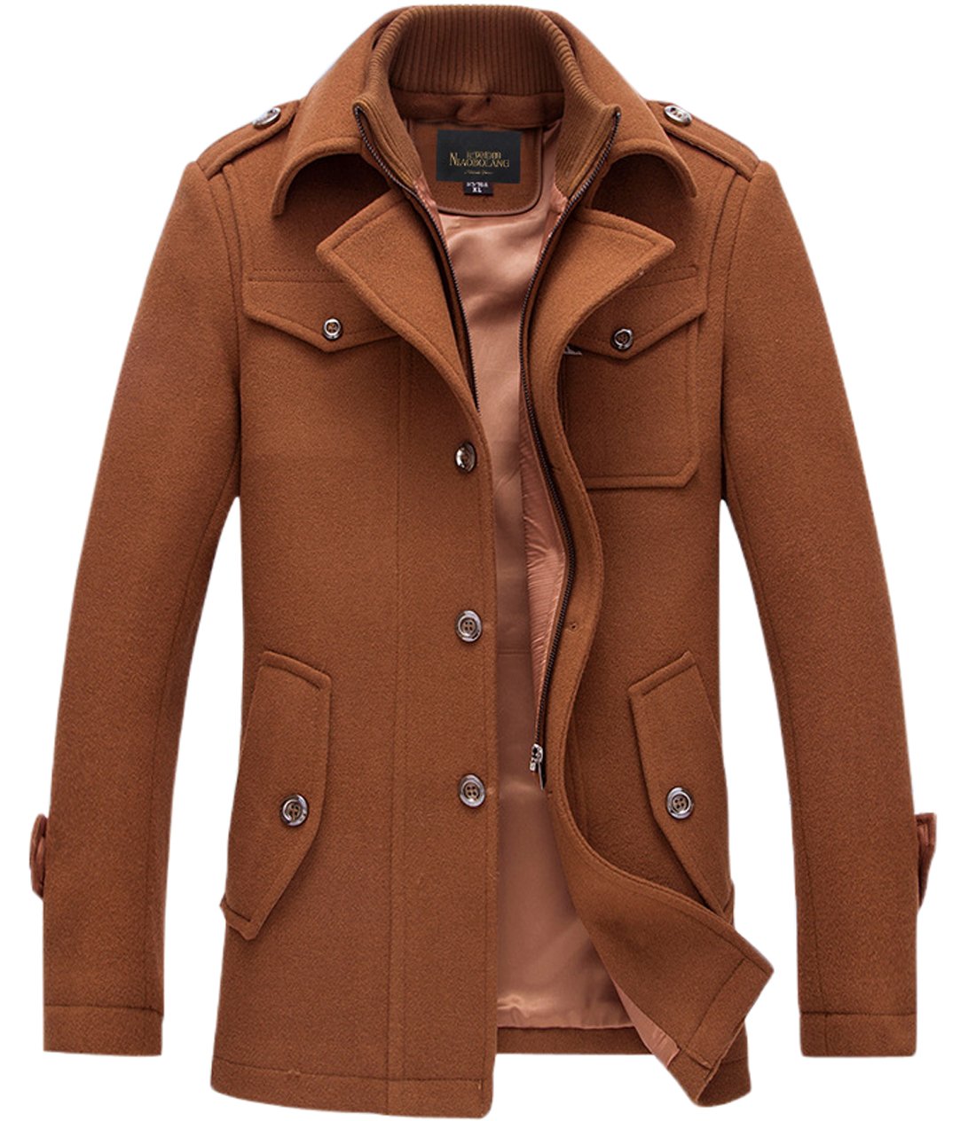 chouyatou Men's Stand Collar Wool-Blend Classic Pea Coat with Removable Inner Co