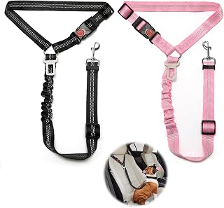 2 Pcs Adjustable Dog Car Seat Belt, Dog Seat Belts for Cars UK, Anti Shock Elasticated Cushioned Pet Seat Belt for Car Vehicle (Black + Pink)
