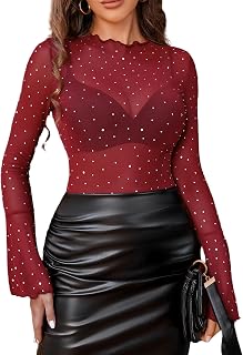 Avidlove Womens Ladies Mesh Tops Rhinestone Long Sleeve Sequin Blouses S-XXL