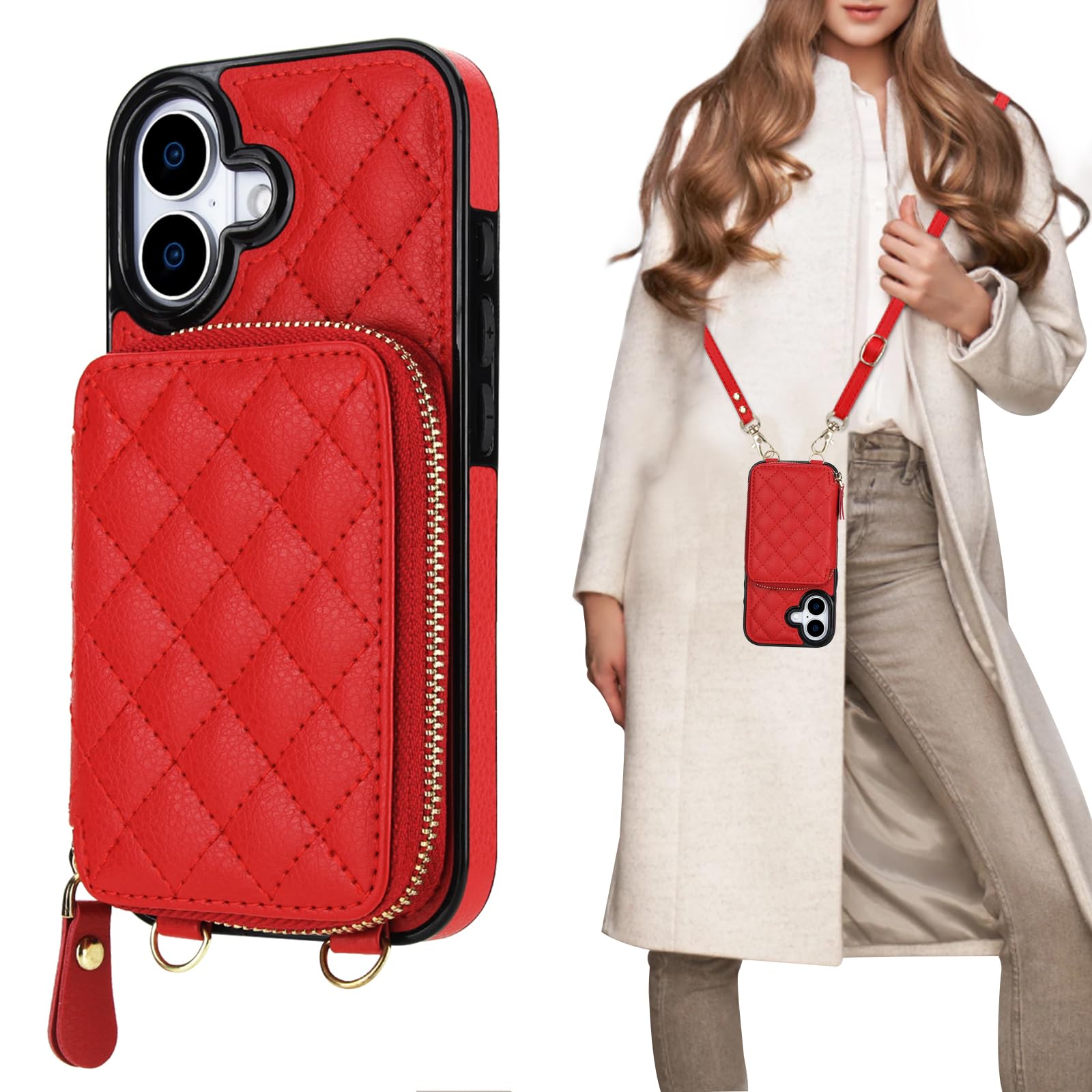 Bocasal Crossbody Wallet Case Card Holder for iPhone 17, Red
