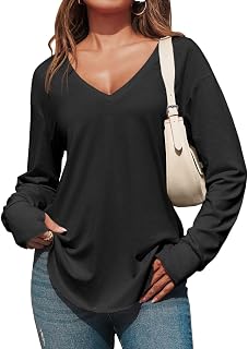 Tankaneo Womens Deep V Neck Tunic Tops Long Sleeve Oversized Casual Loose Fit Curved Hem T Shirts