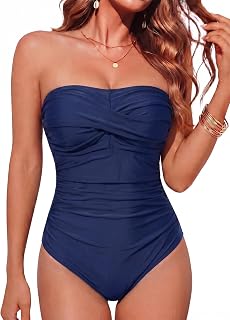 Smismivo Women's One Piece Bustier Swimsuit Tummy Control Removable Adjustable Straps Slimming Headband Slim Elegant Vintage Ruched Effect Padded Swimsuit