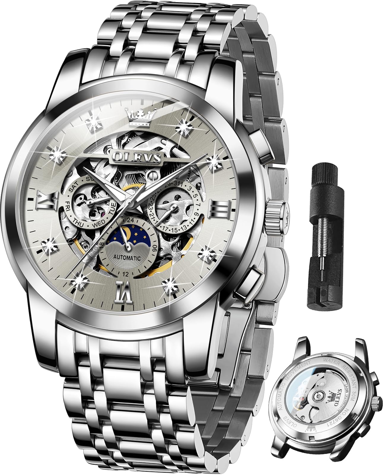 OLEVS Reloj automático de esqueleto de lujo para hombre con diamantes de