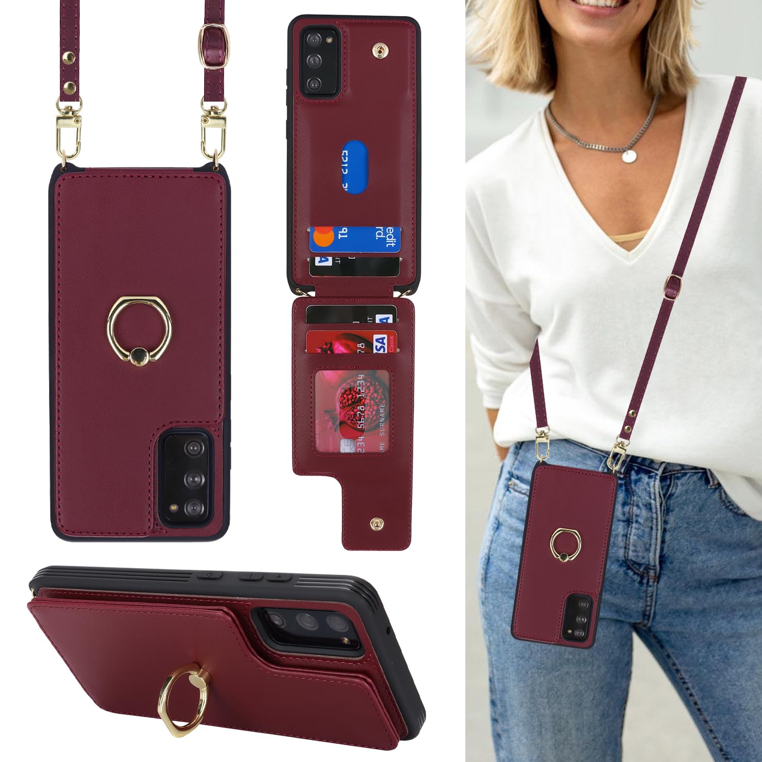 Lipvina for Samsung Galaxy S20 Case with Strap,Wine Red