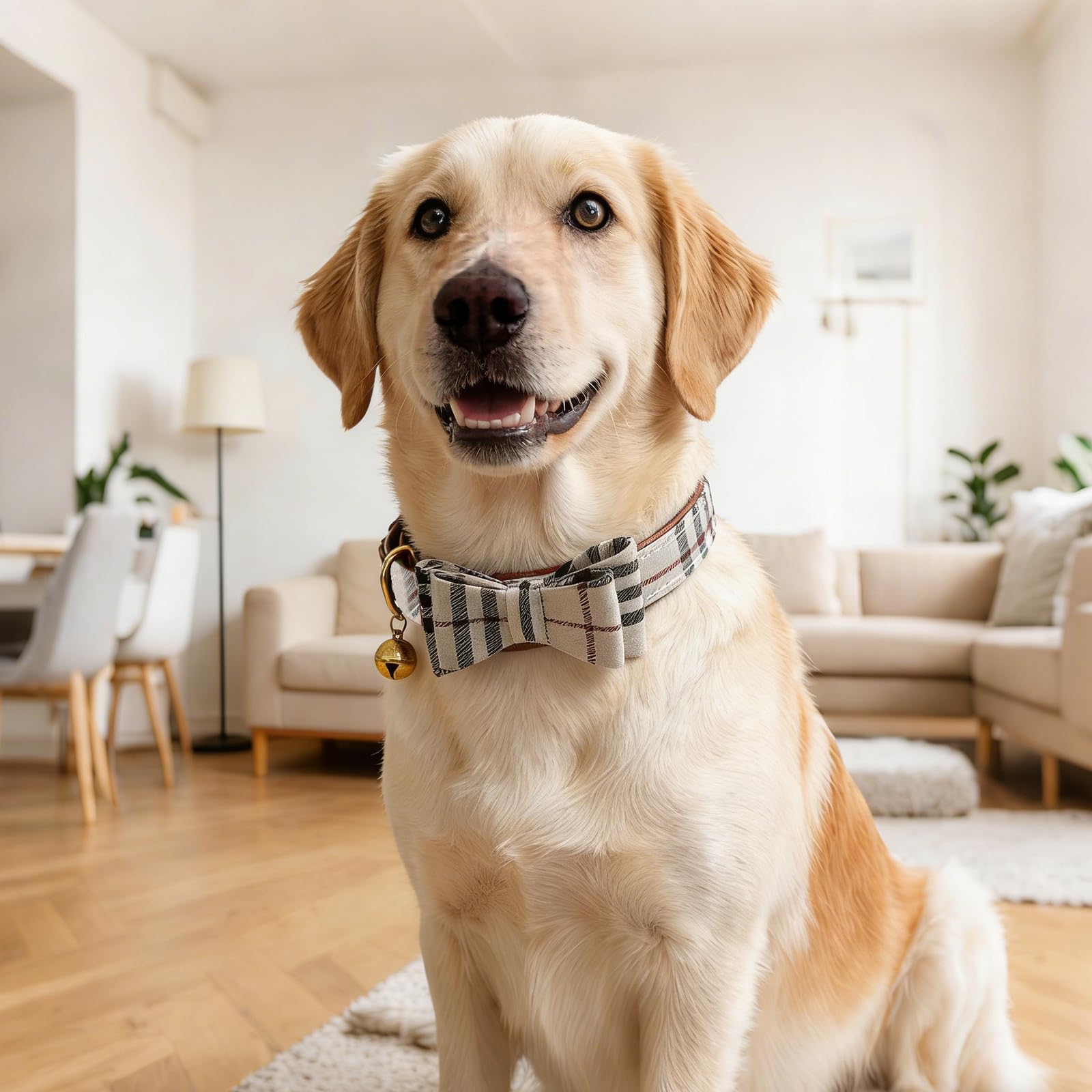 Plaid Dog Collar with Bow Tie and Bell, Adjustable Soft Pet Collar, Classic Chec