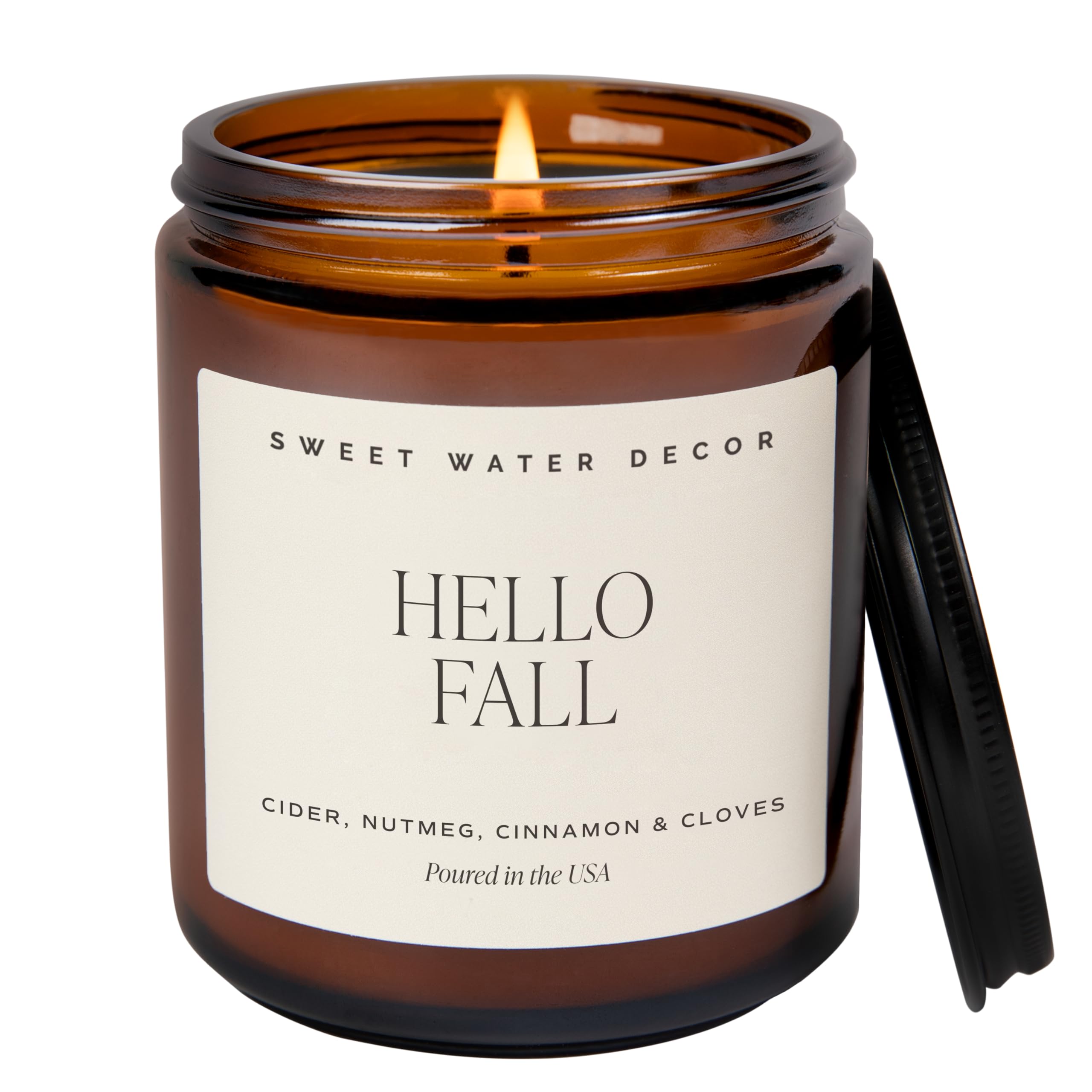Sweet Water Decor Hello Fall Candle, 9oz Amber Jar, Autumn Scents for Home | Hot