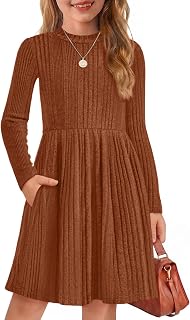 Arshiner Girls Dresses Long Sleeve A Line Knit Sweater Dress with Pockets