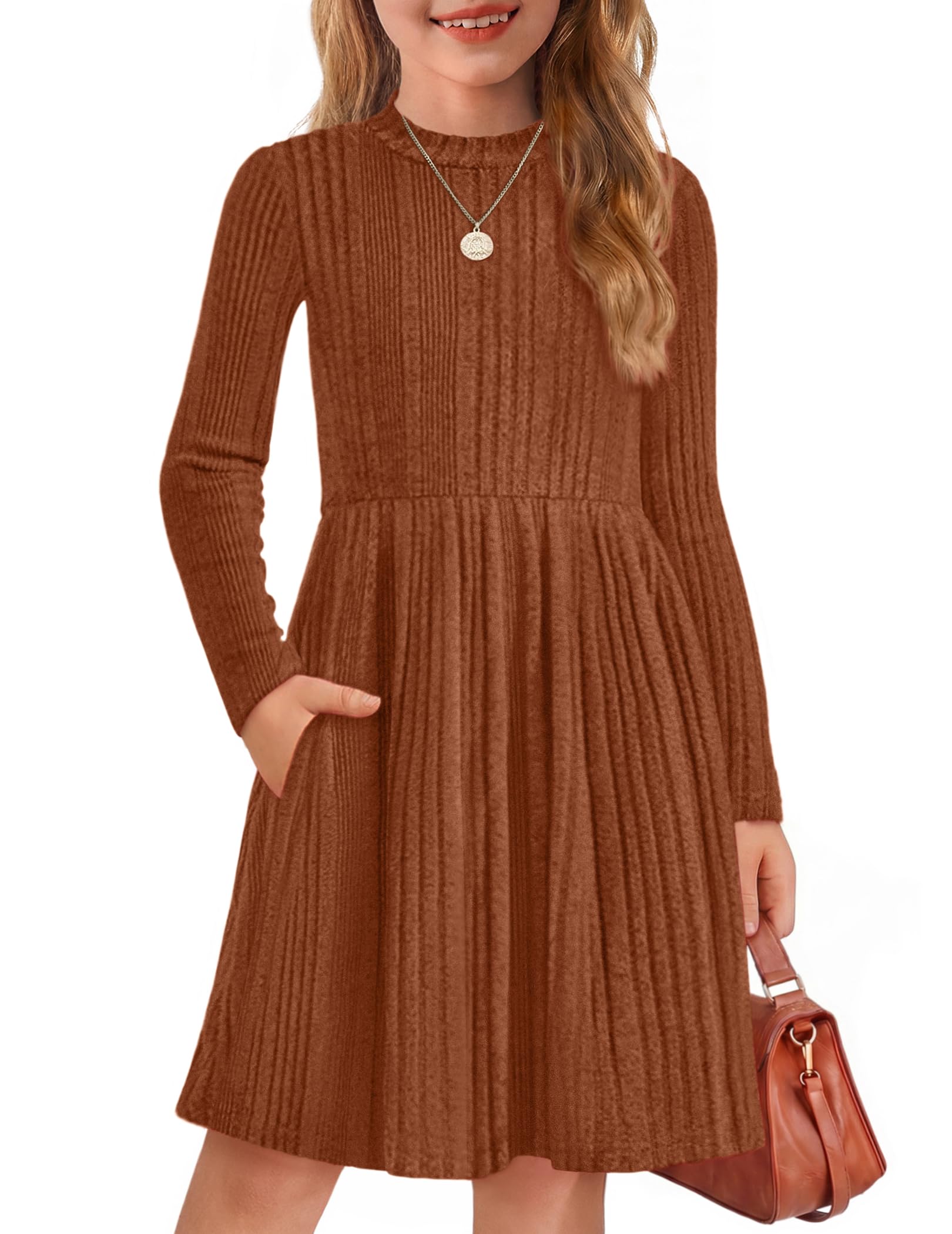Arshiner Girls Dresses Long Sleeve A Line Knit Sweater Dress with Pockets