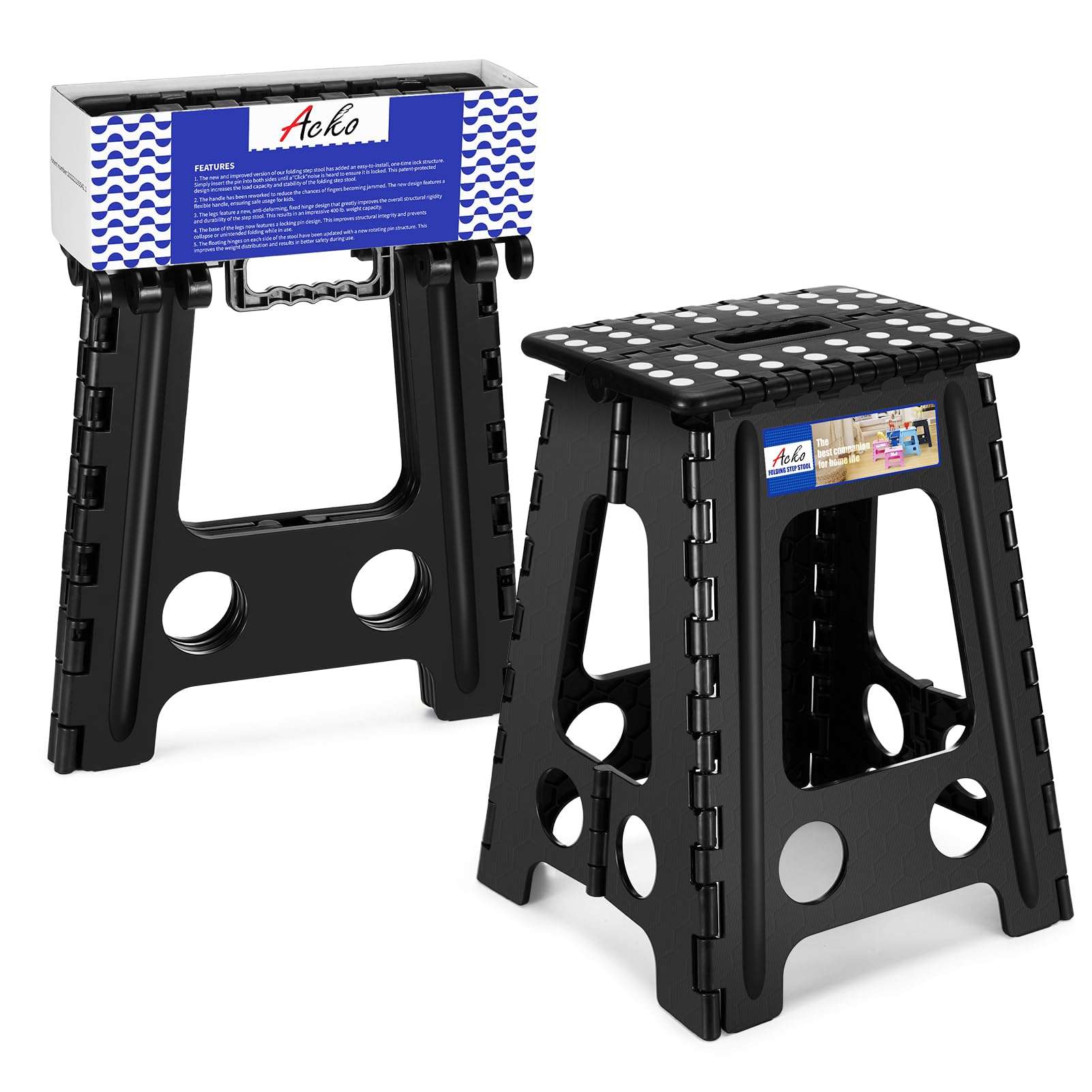 ACKO Folding Step Stool 17.5 Inch, Non-Slip, 400 lbs, Black | Heavy Duty Plastic