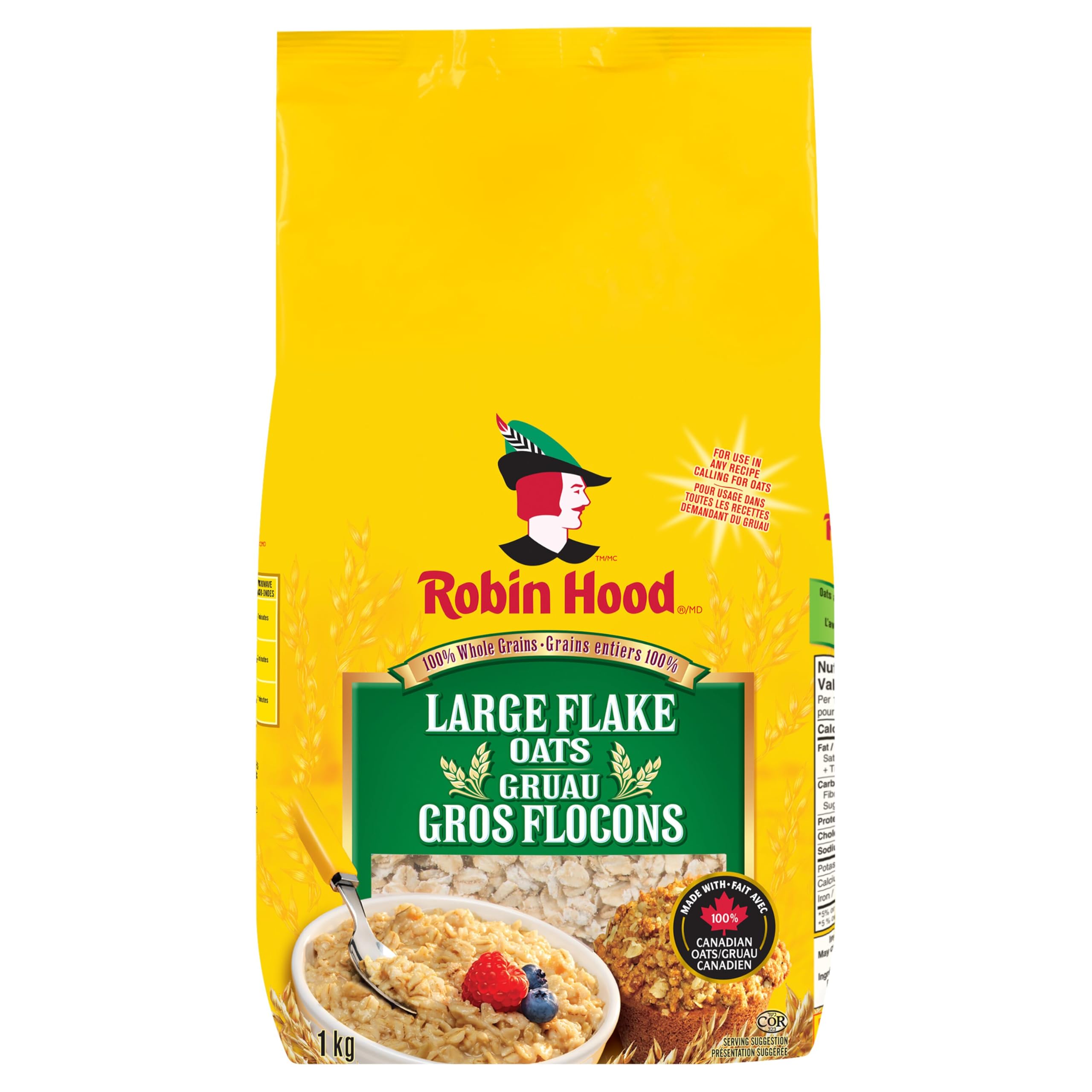 Robin Hood Whole Grain Large Flake Oats, 1 Kg (Pack of 1) | 100% Canadian Oatmea