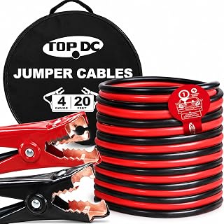 TOPDC 4 Gauge 20 Feet Heavy Duty Jumper Cables for Car and SUV | 4 Gauge, 20 Feet heavy duty booster cables for jump-starting dead or weak car, SUV and truck batteries; carry bag included.