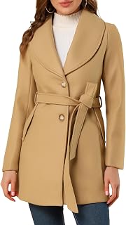 Allegra K Ladies Single Breasted Belted Midi Winter Coat Beige