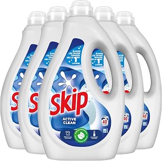 Skip - Lessive Liquide Active Clean - Propreté Impeccable - Fraîcheur Longue Durée - Détache les vêtements tout en respectant fibres et couleurs - Lot de 5x40 lavages