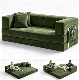 GEARIVY Convertible Sleeper Sofa Bed Corduroy Couch Bed 4-in-1 DIY Combination Modular Sofa Fold Out King Size Sleeper Floor Cama Lounge Couch for Living Room (Green, 184CM)
