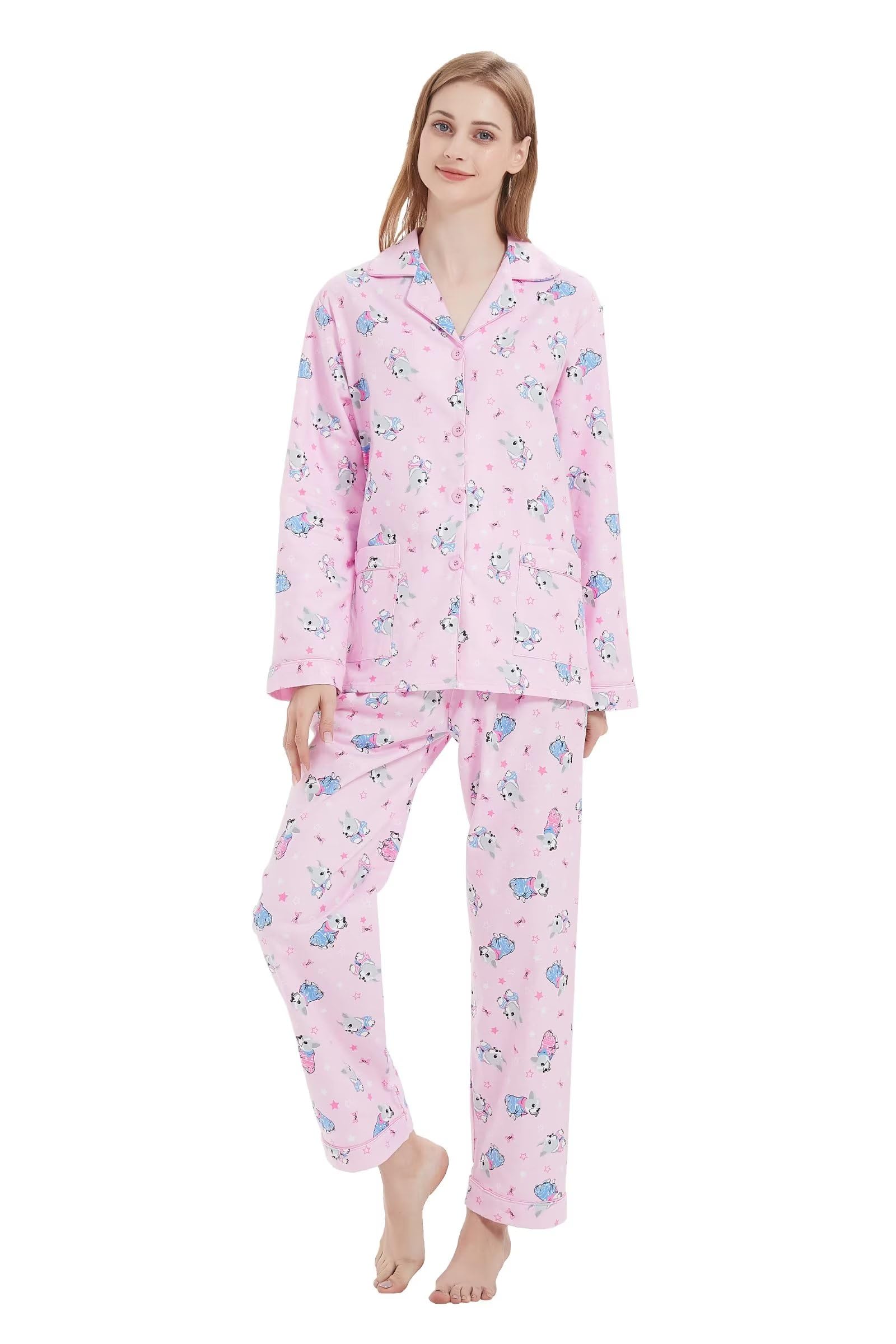 Amaxer Women's Flannel Pyjama Set, 100% Cotton, Autumn/Winter Pyjamas, Long Two-