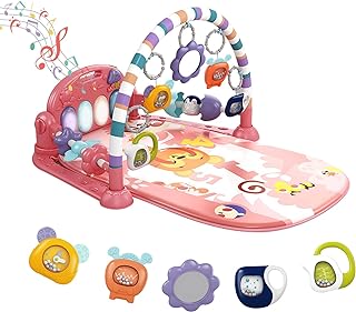 dearlomum Pink Tiger Theme Baby Play Mat Gym with Kick &amp; Play Piano | Tummy Time Activity Mat with 5 Infant Sensory Toys, Music and Lights, Boy &amp; Girl Gifts for Newborns 0 to 3 6 9 12 Months