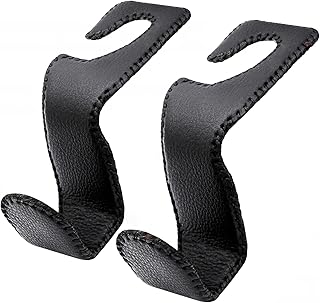 EldHus Headrest Hooks for Purses and Bags, 2 Pack Car Seat Hooks for Grocery Bag Handbag, Metal Car Purse Holder Covered by Leather, Black