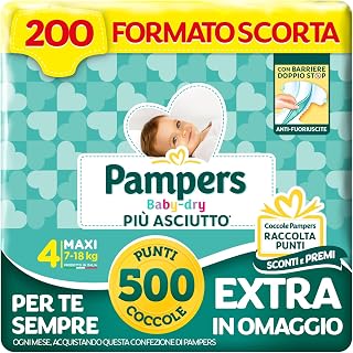 Pampers Baby Dry Maxi, Size 4 (7-18 kg), 200 Baby Nappies | Stock Format, Anti-Leak Barriers, Drier Up to 12 hours, Reinforced and Wraparound Tabs, 500 Free Points
