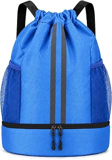 Waterproof Drawstring Bag, PE Kit Bag with Shoe Compartment Blue