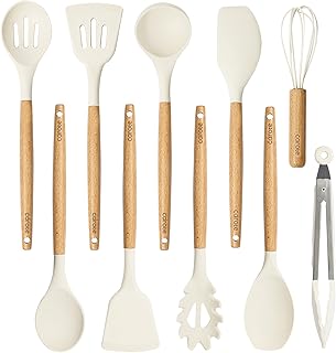 CAROTE 10-Piece Kitchen Utensils Set with Wood Cool-Touch Handles, Cream | Silicone Cooking Utensil, Food Grade, Nonstick Cookware Friendly, BPA-Free, Heat-Resistant, Everyday Home Essentials, Gifts