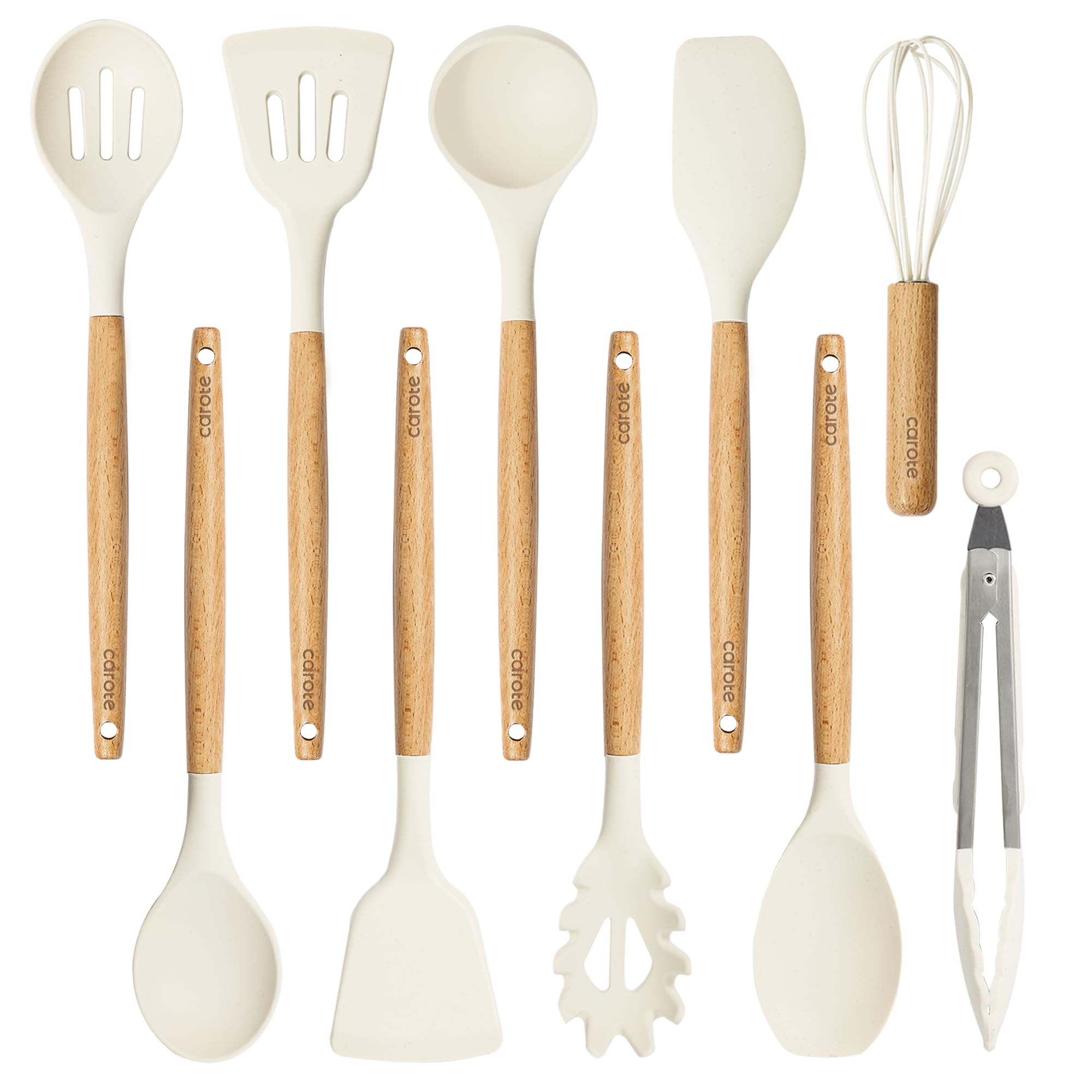 CAROTE 10-Piece Kitchen Utensils Set with Wood Cool-Touch Handles, Cream | Silic