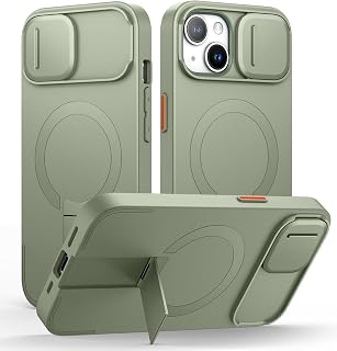 SURITCH for iPhone 13/14 Case with Magnetic Camera Slide Cover and Adjustable Kickstand, Compatible with MagSafe, Shockproof Bumper Case Slim Protective Cover for iPhone 13/14 6.1 Inch, Green