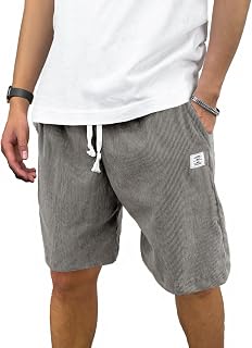 PLEPAN Mens Corduroy Shorts Casual Elastic Waist Drawstring Summer Beach Shorts