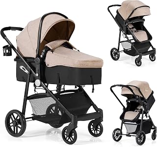 BABY JOY Baby Stroller, 2 in 1 Convertible Carriage Bassinet to Stroller, Pushchair with Foot Cover, Cup Holder, Large Storage Space, Wheels Suspension, 5-Point Harness (Light Coffee)