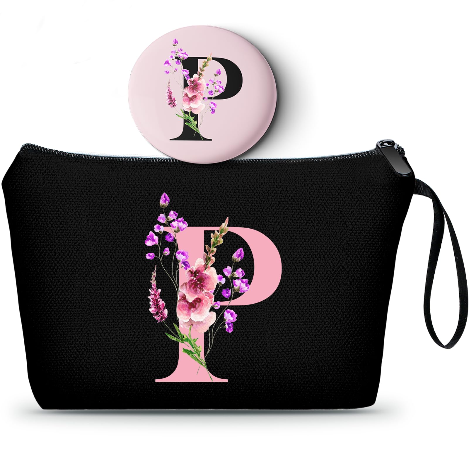 SEAMOON A-Z Womens Birthday Gifts, Initial Cute Makeup Bag with Mirror, P
