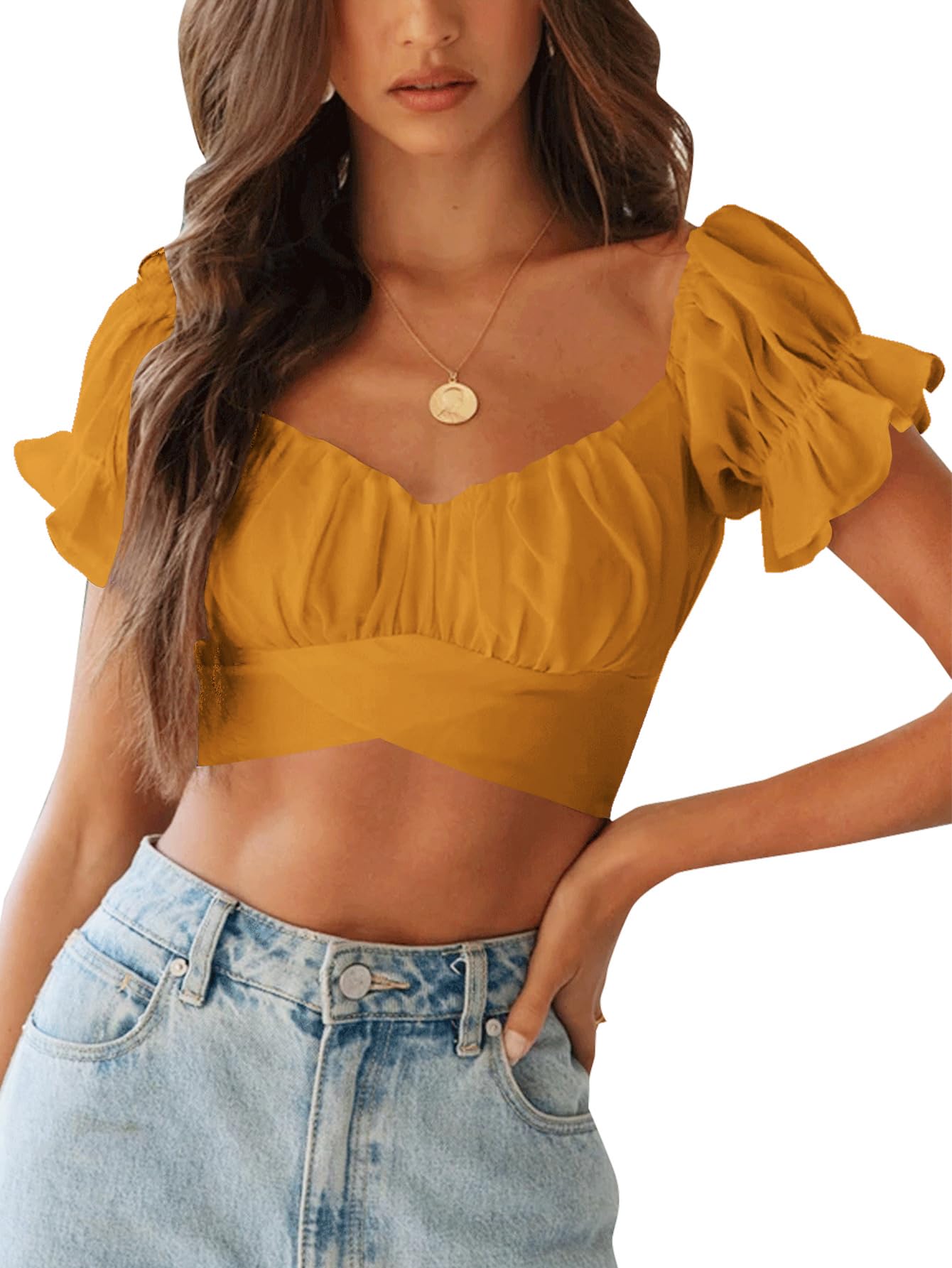 LYANER Womens Ruffle Short Sleeve Tie Back Crop Top Off Shoulder Bardot Blouse