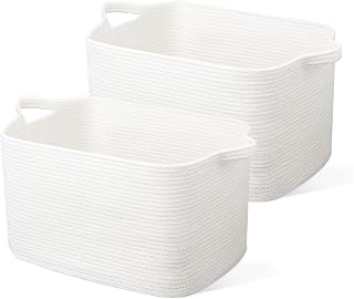 JOJOSEE Large Woven Laundry Storage Basket 55x38x30cm, White, 2 Pack