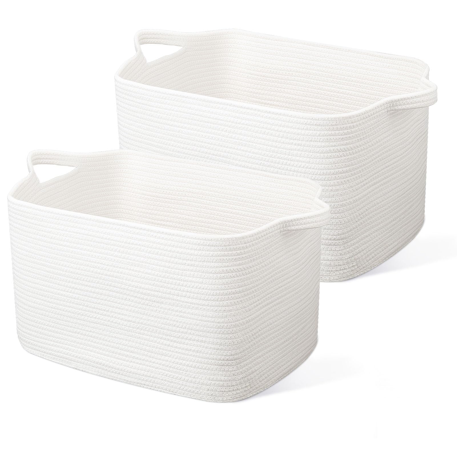 JOJOSEE Large Woven Laundry Storage Basket 55x38x30cm, White, 2 Pack