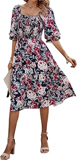 PRETTYGARDEN Women's Summer Casual Dresses 2026 Spring Puff Sleeve Square Neck A Line Flowy Boho Floral Smocked Midi Dress