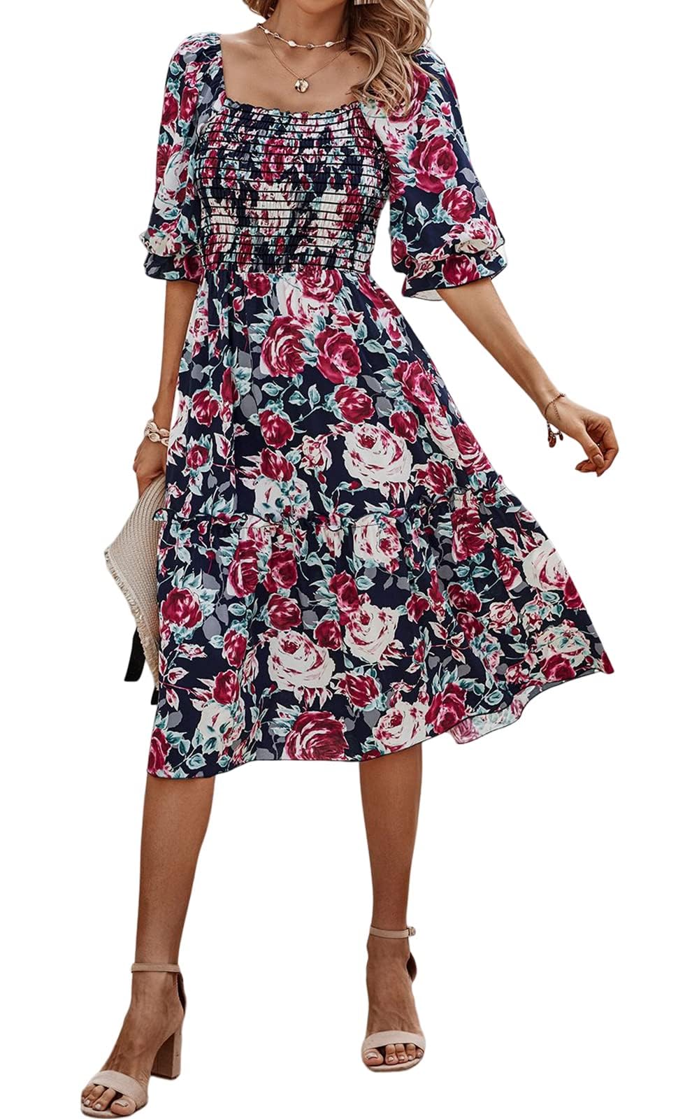 PRETTYGARDEN Women's Summer Casual Dresses 2026 Spring Puff Sleeve Square Neck A