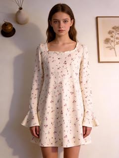 Girls Beige Floral Long Sleeve Dress Square Neck Bell Sleeve A-Line Casual Dress for Teens
