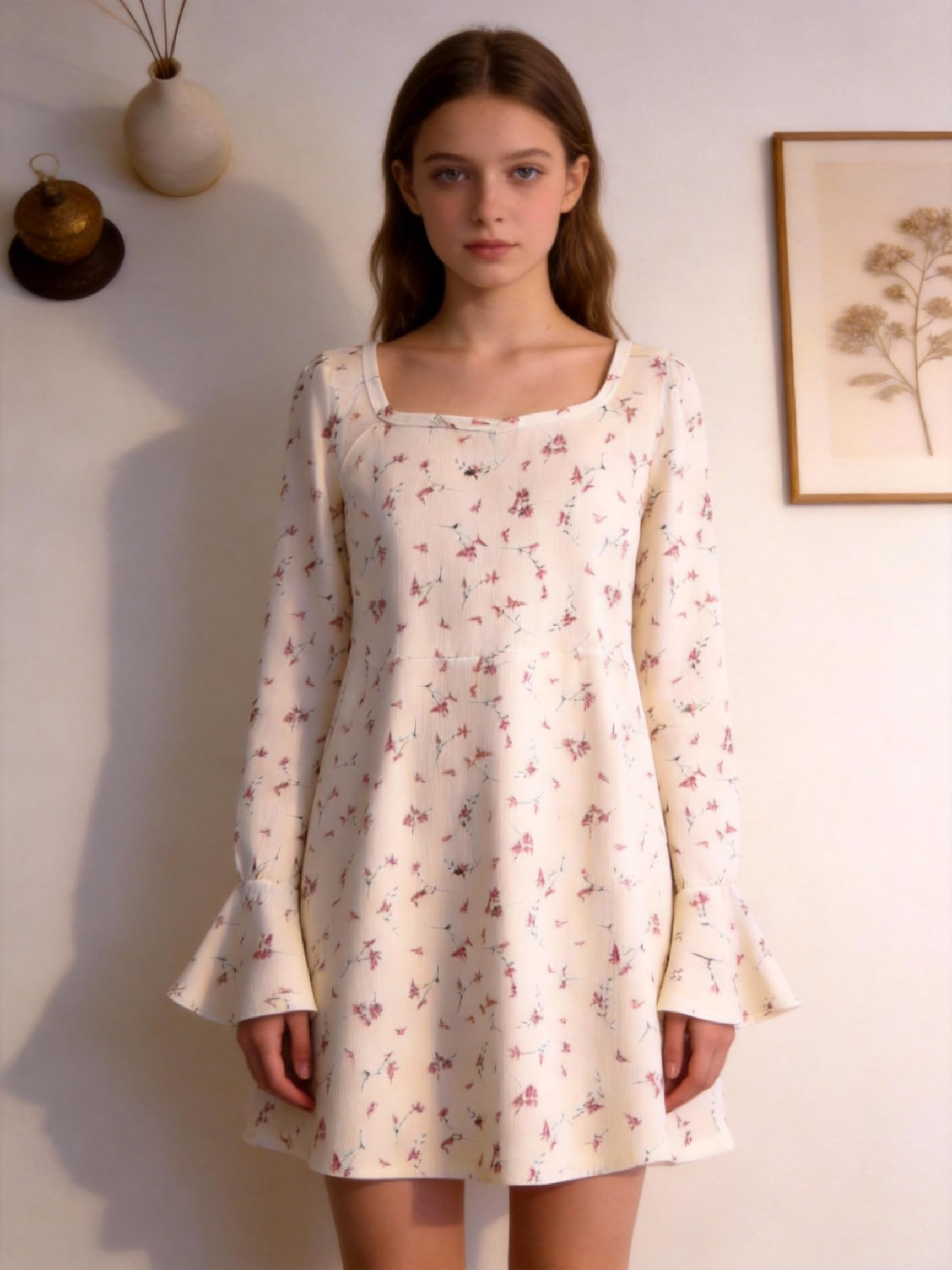 Girls Beige Floral Long Sleeve Dress Square Neck Bell Sleeve A-Line Casual Dress