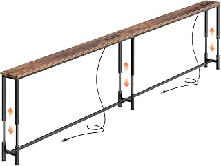 Huuger 102.4 Inch Sofa Table with Power Outlets, Skinny Behind Couch Table | Console Table with USB-C Ports, 23.9’’-34.4’’ Height Adjustable Range, Sofa Tables Narrow Long for Small Spaces, Rustic Brown