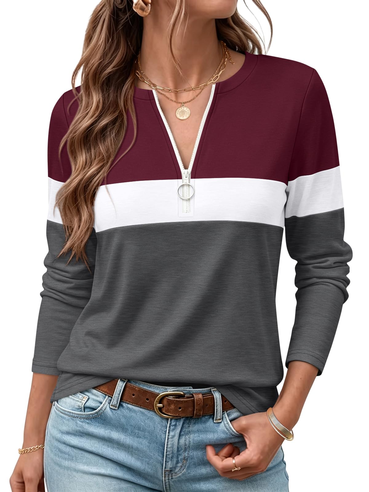 ORANDESIGNE Camicie a maniche lunghe da donna con cerniera a blocchi di colore t