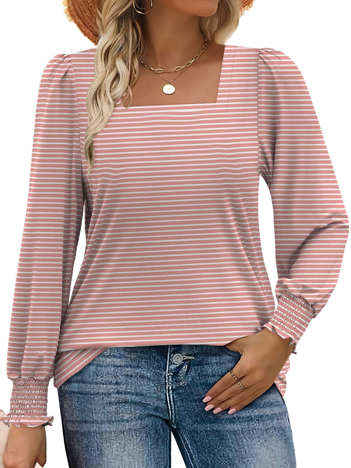 MixShe Womens Square Neck Blouses 2026 Spring Fashion Long Sleeve Casual Stretch