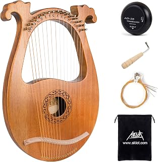 Lyre Harp, AKLOT 16 Metal Strings Mahogany Body Lyra Harp with Maple Saddle Carved Note Tuning Wrench Pickup Strings and Black Gig Bag