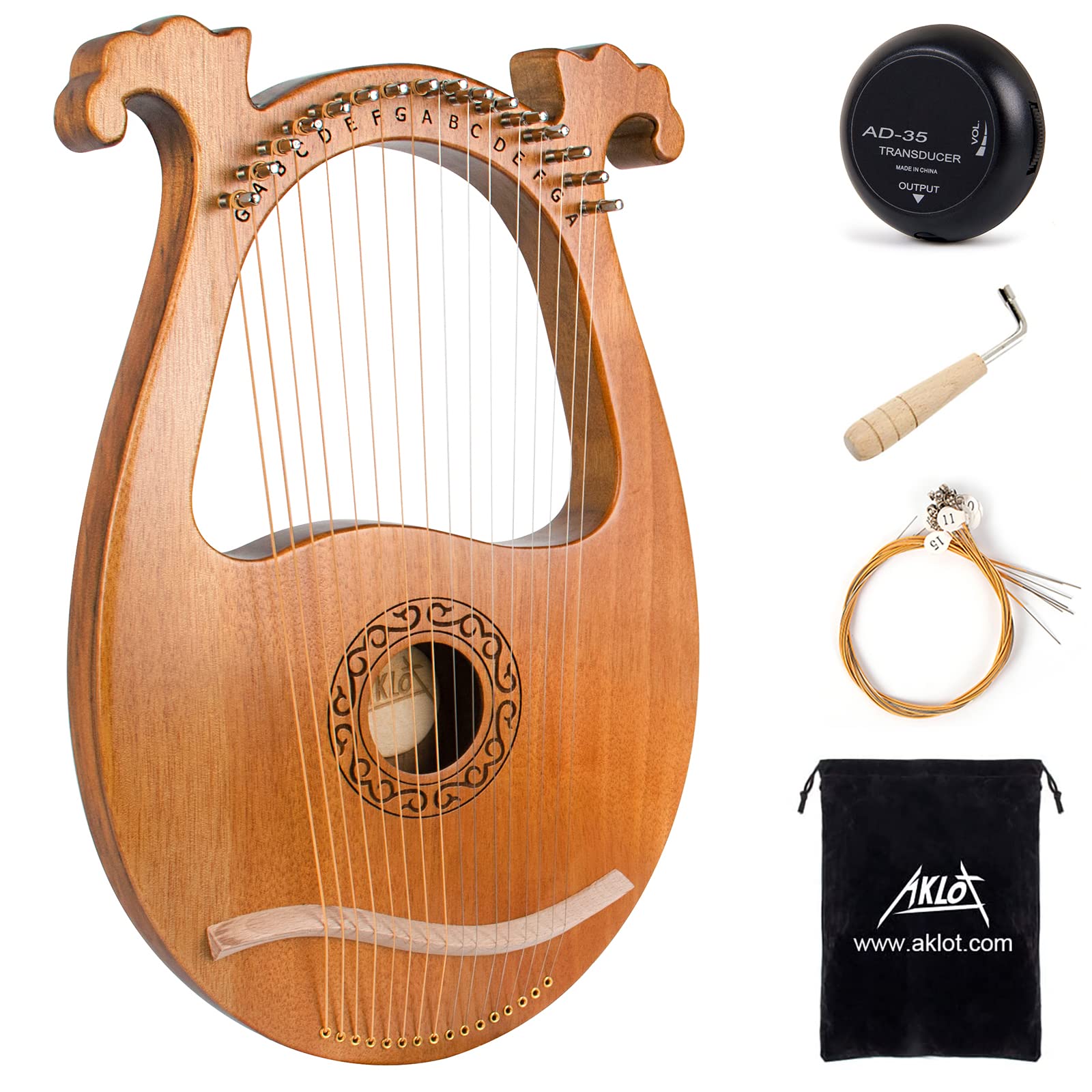 Lyre Harp, AKLOT 16 Metal Strings Mahogany Body Lyra Harp with Maple Saddle Carv