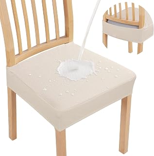 Smiry Waterproof Seat Covers for Dining Room Chairs, Set of 4 | Stretch Jacquard Removable Washable Chair Seat Slipcovers Protector, No Rear Covers, Beige