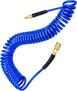 YOTOO Polyurethane Recoil Air Hose, Air Compressor Hose 1/4" Inner Diameter by 25' Long with Bend Restrictor, 1/4" Industrial Quick Coupler and Plug, Blue