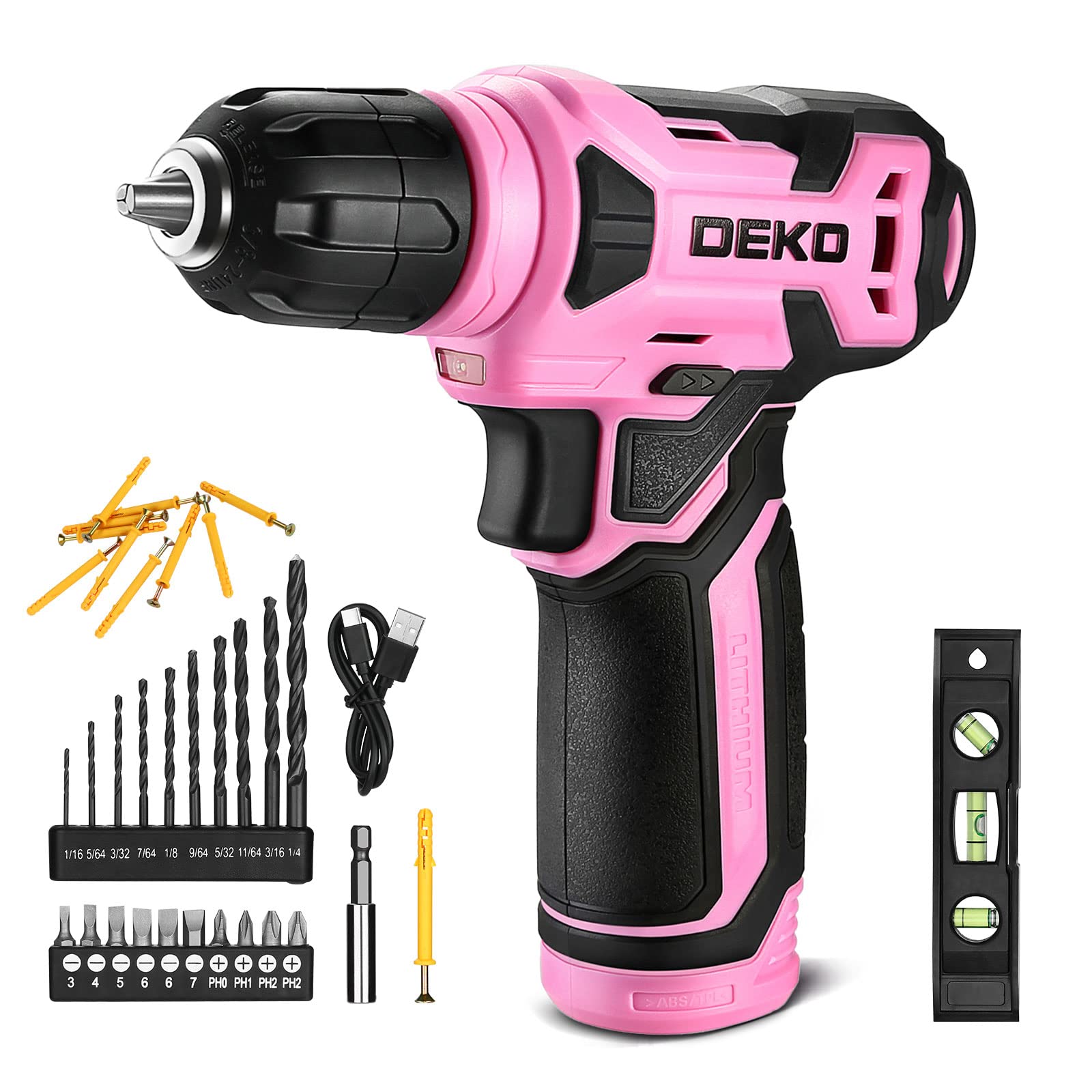 DEKOPRO 8V Cordless Drill, Drill Set with 3/8"Keyless Chuck, 42pcs Acessories, B