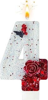 4th Butterfly Birthday Candles, Number Cake Candles Decorated with Red Roses, for Birthdays, Anniversaries and Wedding Celebrations (Butterflies and Flowers, 4)